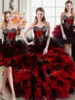 Romantic Four Piece Black and Red Sleeveless Beading and Ruffles and Hand Made Flower Floor Length 15 Quinceanera Dress