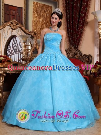 Bel Air Maryland/MD Cute Appliques Decorate Bodice Beaded Aqua Blue Quinceanera Dress Strapless Organza Ball Gown