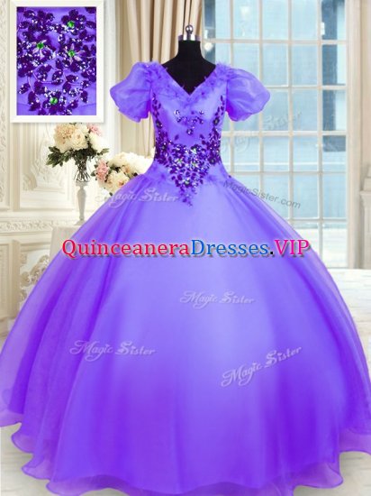 Lavender Organza Lace Up V-neck Short Sleeves Floor Length Vestidos de Quinceanera Appliques - Click Image to Close