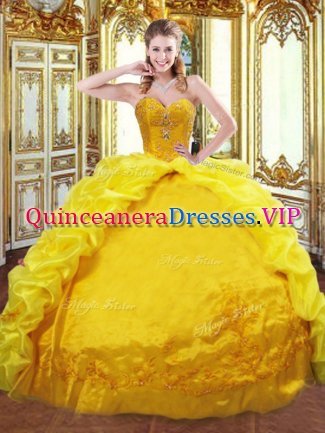 Delicate Gold Taffeta Lace Up Sweetheart Sleeveless Ball Gown Prom Dress Brush Train Beading and Embroidery and Pick Ups