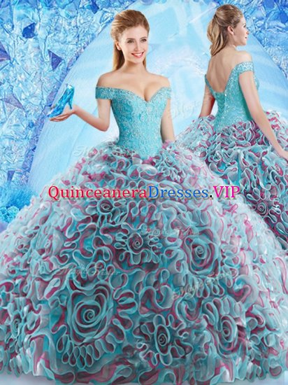 Off the Shoulder Backless Multi-color Ball Gown Prom Dress Fabric With Rolling Flowers Court Train Sleeveless Beading and Appliques and Ruffles - Click Image to Close