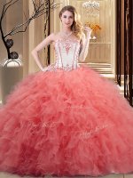 Embroidery and Ruffled Layers Sweet 16 Quinceanera Dress Watermelon Red and Orange Lace Up Sleeveless Floor Length