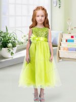 Affordable Yellow Green Empire Scoop Sleeveless Organza Tea Length Zipper Sequins and Hand Made Flower Little Girls Pageant Gowns