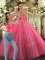 Coral Red Tulle Lace Up Quinceanera Gowns Sleeveless Floor Length Beading