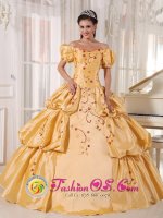 Suomenniemi Finland Taffeta Off The Shoulder and Short Sleeves Yellow Quinceanera Dress With Embroidery and Pick-ups