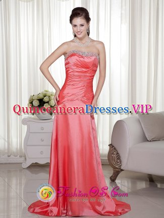 Eldorado Argentina Watermelon Strapless Beading Embellishment Quinceanera Dama Dress Brush Train Satin Column / Sheath