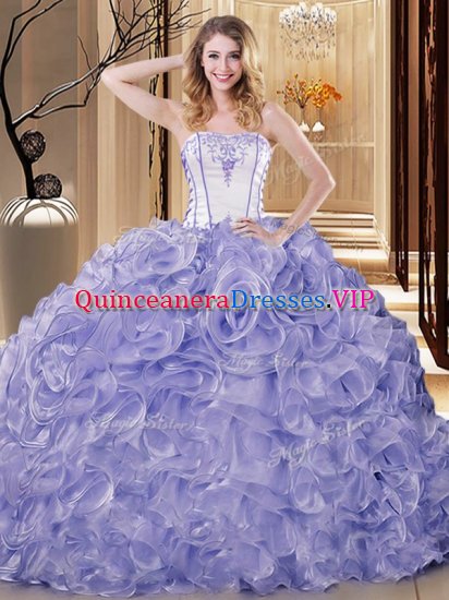 Floor Length Lavender Military Ball Gown Organza Sleeveless Embroidery and Ruffles - Click Image to Close