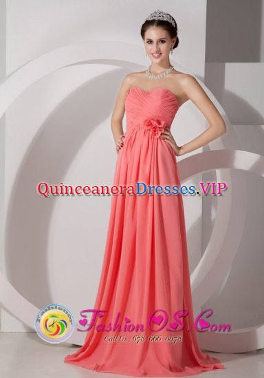Watermelon Chiffon Empire Sweetheart Ruch and Hand Made Flowers Brush Train Quinceanera Dama Dress In Junin Argentina - Click Image to Close