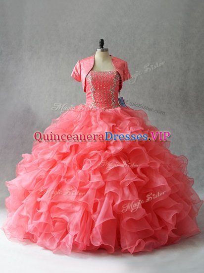 Floor Length Ball Gowns Sleeveless Watermelon Red Sweet 16 Quinceanera Dress Lace Up - Click Image to Close