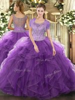 Lavender Tulle Clasp Handle Scoop Sleeveless Floor Length Quinceanera Dresses Beading and Ruffled Layers