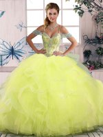 Floor Length Yellow Green 15 Quinceanera Dress Tulle Sleeveless Beading and Ruffles