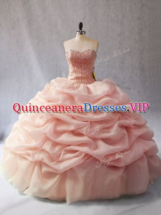 Admirable Sleeveless Organza Floor Length Lace Up Sweet 16 Quinceanera Dress in Peach with Beading and Pick Ups