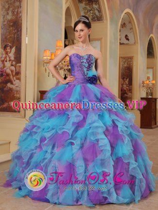 Llanidloes Powys Organza The Most Popular Purple and Aqua Blue Quinceanera Dress With Sweetheart neckline Ruffles Decorate