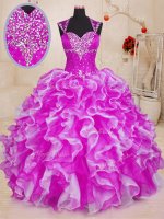 Trendy Fuchsia Lace Up Quinceanera Gown Beading and Ruffles Sleeveless Floor Length(SKU PSSW0150-2BIZ)