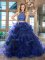Shining Halter Top Royal Blue Sleeveless Tulle Brush Train Backless Quinceanera Gown for Military Ball and Sweet 16 and Quinceanera