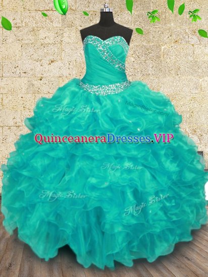 Floor Length Turquoise Quinceanera Gown Sweetheart Sleeveless Lace Up - Click Image to Close