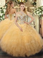 Designer Gold Sleeveless Tulle Lace Up Quinceanera Dresses for Military Ball and Sweet 16 and Quinceanera