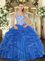 Blue Sleeveless Floor Length Beading and Appliques and Ruffles Lace Up Quince Ball Gowns(SKU SJQDDT1172002-1BIZ)