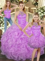 Fancy Sleeveless Tulle Floor Length Lace Up Sweet 16 Dress in Lilac with Beading and Ruffles