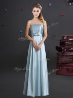 Best Selling Light Blue Elastic Woven Satin Zipper Strapless Sleeveless Floor Length Dama Dress Bowknot(SKU BMT0207D-1BIZ)