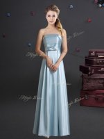 Best Selling Light Blue Elastic Woven Satin Zipper Strapless Sleeveless Floor Length Dama Dress Bowknot