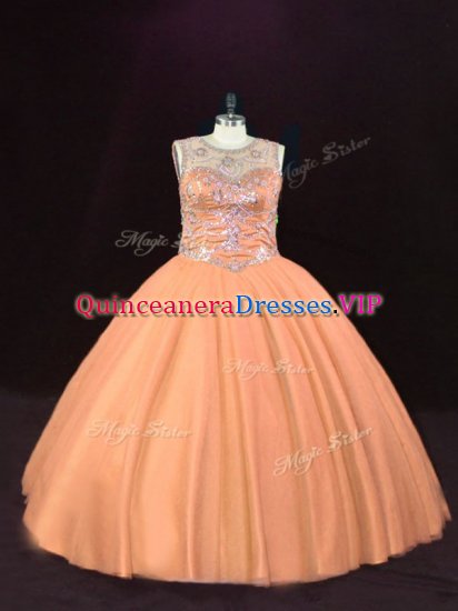 Latest Tulle Scoop Sleeveless Lace Up Beading Quince Ball Gowns in Peach - Click Image to Close