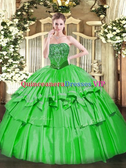 New Arrival Green Ball Gowns Organza and Taffeta Strapless Sleeveless Beading and Ruffled Layers Floor Length Lace Up Sweet 16 Dress - Click Image to Close