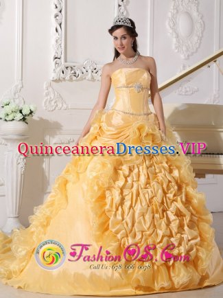 Exquisite Gold Quinceanera Dress For Strapless Chapel Train Taffeta and Organza pick-ups Beading Decorate Wasit Ball Gown in Clute Texas/TX