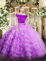 Suitable Lilac Short Sleeves Floor Length Appliques and Ruffled Layers Zipper Sweet 16 Quinceanera Dress