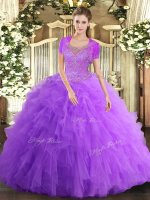 Flare Lavender Clasp Handle Quince Ball Gowns Beading and Ruffled Layers Sleeveless Floor Length