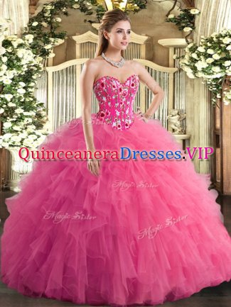 Trendy Embroidery and Ruffles Sweet 16 Dress Hot Pink Lace Up Sleeveless
