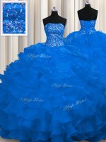 Royal Blue Quinceanera Dresses Strapless Sleeveless Sweep Train Lace Up