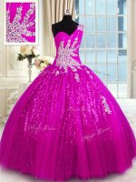 Nice One Shoulder Lace Fuchsia Sleeveless Appliques Floor Length Quinceanera Gown(SKU PSSW0332-2BIZ)
