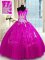 Nice One Shoulder Lace Fuchsia Sleeveless Appliques Floor Length Quinceanera Gown
