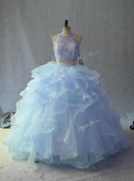 Latest Blue Two Pieces Beading and Ruffles Sweet 16 Dress Backless Sleeveless