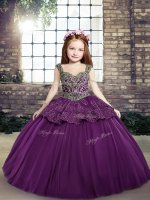 Eggplant Purple Ball Gowns Off The Shoulder Sleeveless Beading and Appliques Floor Length Lace Up Pageant Dress for Womens