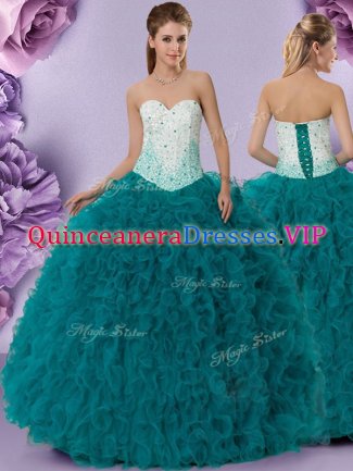 Free and Easy Sleeveless Floor Length Beading and Ruffles Lace Up Quinceanera Gowns with Teal