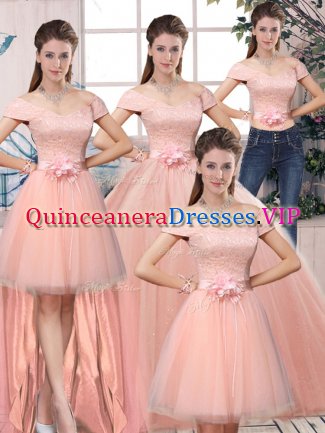 Pink 15 Quinceanera Dress Military Ball and Sweet 16 and Quinceanera with Lace and Hand Made Flower Off The Shoulder Short Sleeves Lace Up