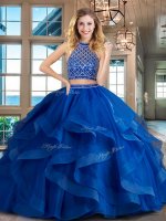 Halter Top Sleeveless Beading and Ruffles Backless Sweet 16 Dress with Royal Blue Brush Train