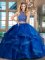 Halter Top Sleeveless Beading and Ruffles Backless Sweet 16 Dress with Royal Blue Brush Train