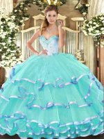 Adorable Turquoise Sleeveless Floor Length Beading and Ruffled Layers Lace Up Quinceanera Gown