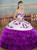 White And Purple Sleeveless Embroidery and Ruffled Layers and Bowknot Floor Length Quinceanera Dress