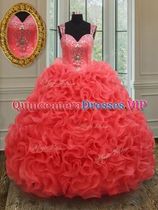 Fine Straps Sleeveless Floor Length Beading Zipper 15 Quinceanera Dress with Coral Red