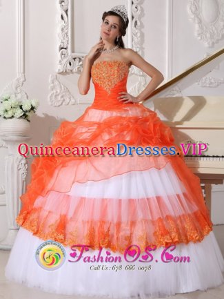 Cockeysville Maryland/MD Exquisite Appliques Decorate Bodice Beautiful Orange and White Quinceanera Dress For Strapless Taffeta and Organza Ball Gown