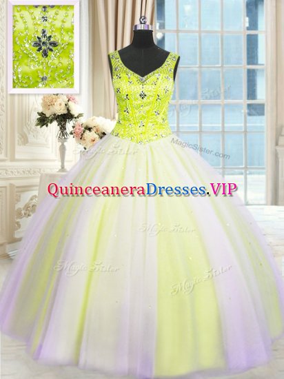 Multi-color Ball Gowns Tulle V-neck Sleeveless Beading and Sequins Floor Length Lace Up Quinceanera Gowns - Click Image to Close