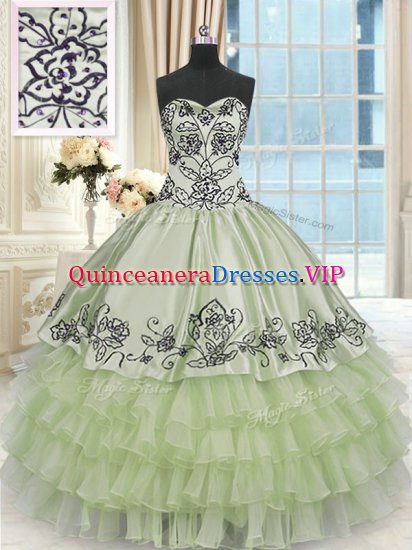 Yellow Green Lace Up Sweetheart Beading and Embroidery and Ruffled Layers Quince Ball Gowns Organza and Taffeta Sleeveless - Click Image to Close