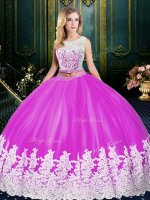 Sweet Scoop Fuchsia Tulle Zipper Vestidos de Quinceanera Sleeveless Floor Length Lace and Appliques