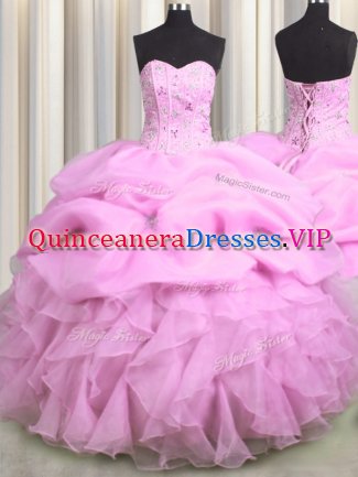 Fantastic Visible Boning Lilac Sweetheart Lace Up Beading and Ruffles and Pick Ups Quince Ball Gowns Sleeveless