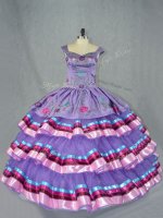 Ideal Straps Sleeveless Sweet 16 Quinceanera Dress Floor Length Embroidery and Ruffled Layers Lavender Organza