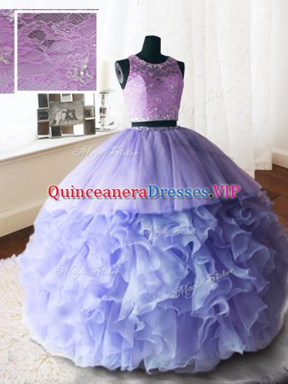 Brush Train Ball Gowns Sweet 16 Dresses Lavender Scoop Organza and Tulle and Lace Sleeveless With Train Zipper - Click Image to Close